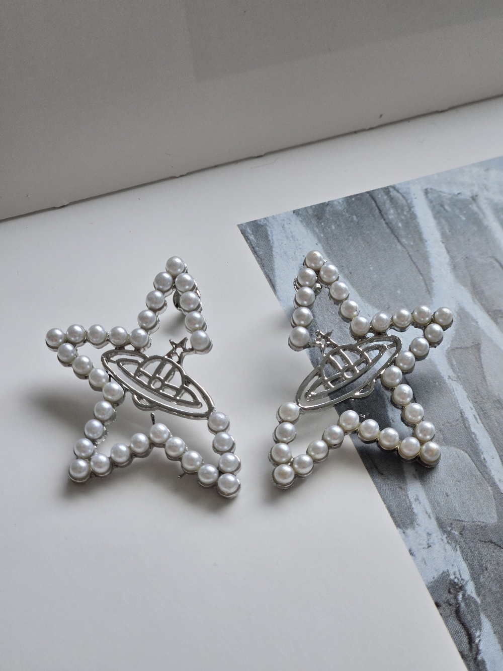 NWT Pearl Star Orbit Stud Earrings - Silver & White